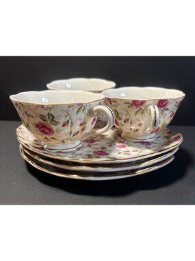 Lefton China Rose Chintz Tea Cups Clam Shell Luncheon Plate Set Of 3 Vintage 50s
